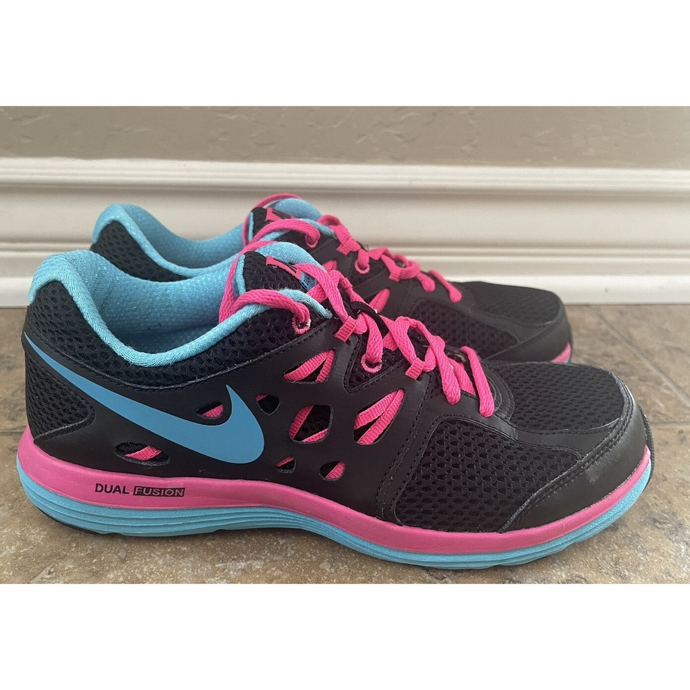Nike Women's Dual Fusion Lite Size 7 Lace Up Black Pink Running Shoes 599560-004